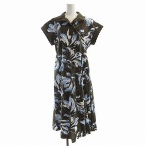 ワンピース マキシ ロング 花柄 スキッパー 半袖 11AR カーキ 青 ブルー 12961-06083