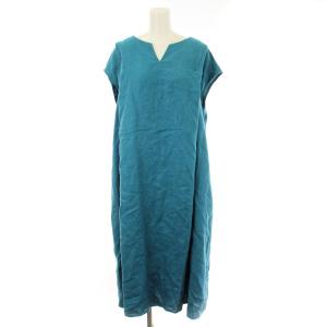 ワンピース ロング フレンチスリーブ キーネック リネン M 青 1296105746 /MM