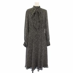 ワンピース リボン ロング 長袖 総柄 4 黒 白 100184642 /TK