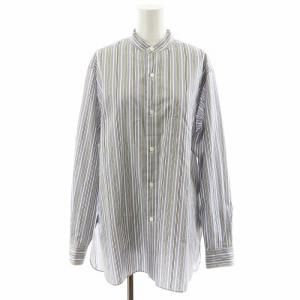 23SS シャツ ブラウス 長袖 ストライプ柄 コットン シルク混 絹 1 青 ブルー 白 ホワイト 168-3150032