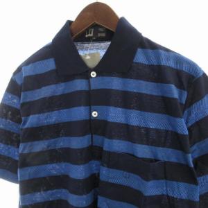 dunhill タグ付き ポロシャツ ボーダー ロゴ 刺繍 半袖 40 102cm 青 ブルー 紺 ネイビー KK1898