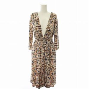 タグ付き ワンピース ひざ丈 総柄 シルク UK6 ピンクベージュ 14-04-00478 /RE