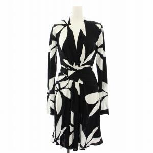 タグ付き ワンピース ミニ フレア 総柄 長袖 UK6 黒 ブラック 白 ホワイト /DK