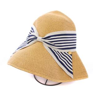 麦わら帽子 ストローハット リボン ボーダー柄 茶 ブラウン /BB