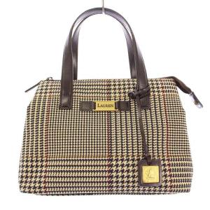 ハンドバッグ キャンバス レザー 千鳥格子 総柄 ロゴチャーム ベージュ 茶 ブラウン /BB