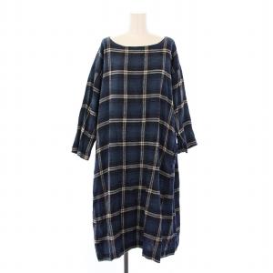 MOTTAINAI ワンピース ミモレ ロング 長袖 ボートネック チェック柄 0 紺 ネイビー /BB
