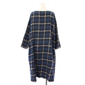 45R MOTTAINAI ワンピース ミモレ ロング 長袖 ボートネック チェック柄 0 紺 ネイビー /BB