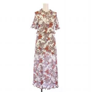 タイトワンピース ミモレ ロング 半袖 ストレッチ 総柄 インナーキャミソール XS 茶 ブラウン 白