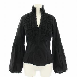 シャツ ブラウス 長袖 フリル リボン 絹 シルク 36 黒 ブラック /YT