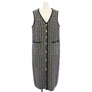 24SS バイカラージャガードニットワンピース ロング ノースリーブ 36 黒 白 0324133054