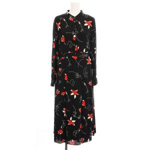 ボックスタックプリントワンピース ロング バンドカラー 総柄 長袖 36 黒 赤 白 3943 1246-0