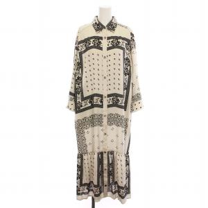 バンダナコンビプリントワンピース シャツ ロング 長袖 総柄 36 ベーシュ 黒 02211 31023-00