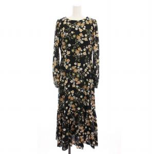 ローズプリントフレアワンピース ロング 花柄 長袖 36 黒 01221 31017-00 /YM