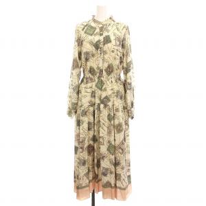 22AW スタンププリントワンピース ロング マキシ丈 バンドカラー 総柄 長袖 36 ベージュ グリーン