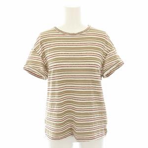 Tシャツ カットソー クルーネック 半袖 ボーダー柄 麻 リネン混 XS 茶 ブラウン 白 ホワイト 01886120540