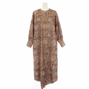 シャツワンピース 花柄 バンドカラー 長袖 ロング 茶 010492050 /TK