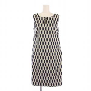 ワンピース ひざ丈 ノースリーブ ビジュー装飾 総柄 36 ネイビー ホワイト /BM