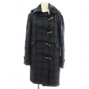 ダッフルコート チェック フード付 ウール 42 ネイビー 紺 /G