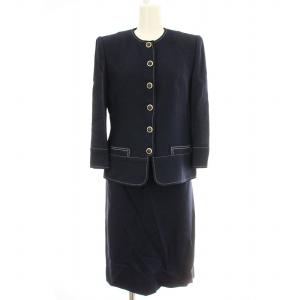 スーツ セットアップ PT9201 ノーカラー ジャケット スカート ひざ丈 7 ネイビー 紺 /G