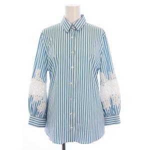 24SS 袖レースストライプ八分袖シャツ ブラウス 1 水色 白 30-41-01-711 /BM