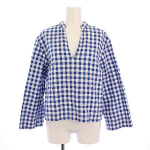 シャツ ブラウス 七分袖 スキッパーネック ギンガムチェック S 青 白 /BM