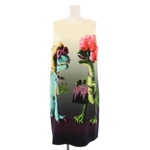 ワンピース ひざ丈 ノースリーブ クルーネック 恐竜柄 ストレッチ 42 緑 グリーン マルチカラー /BB