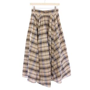 ebure フレアスカート ギャザー ミモレ ロング チェック柄 総柄 36 茶 ブラウン ベージュ /BB