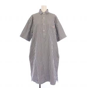 シャツワンピース ロング 半袖 ハーフボタン ストライプ ロゴ ワッペン 36 紺 白 JD-3655