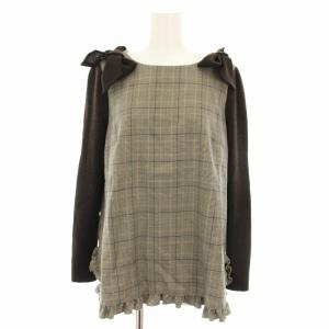カットソー ブラウス 長袖 グレンチェック柄 リボン 袖ニット切替 フリル 40 茶 ブラウン グレー