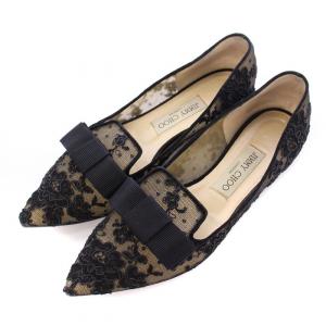 パンプス フラットシューズ ポインテッドトゥ レース 刺繍 ロゴ リボン 37 黒 ブラック /BB