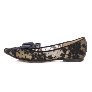 JIMMY CHOO パンプス フラットシューズ ポインテッドトゥ レース 刺繍 ロゴ リボン 37 黒 ブラック /BB