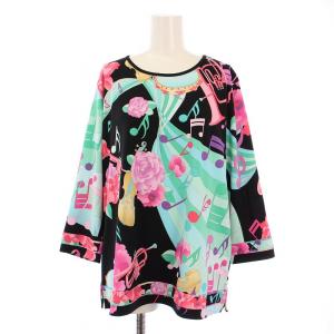 カットソー 長袖 クルーネック ストレッチ 花柄 音符柄 総柄 44 黒 ブラック マルチカラー /BB