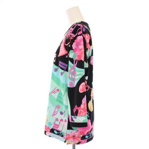 LEONARD SPORT カットソー 長袖 クルーネック ストレッチ 花柄 音符柄 総柄 44 黒 ブラック マルチカラー /BB