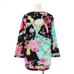 LEONARD SPORT カットソー 長袖 クルーネック ストレッチ 花柄 音符柄 総柄 44 黒 ブラック マルチカラー /BB