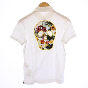 ポロシャツ 半袖 ボタンダウン レギュラーカラー ストーン 装飾 スカル柄 ドクロ柄 バック刺繍 ストレッチ