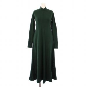 ベーシックフレアニットワンピース マキシ ロング 長袖 ハイネック 無地 ストレッチ 36 緑 グリーン