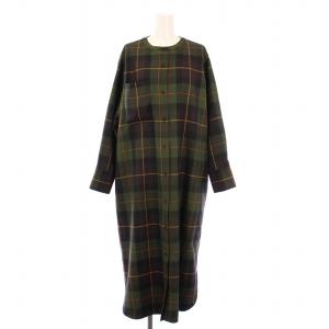 チェッククルーネックワンピース ミモレ ロング 長袖 バンドカラー ウール 総柄 F カーキ 314-55-0469