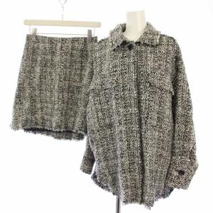 セットアップ 上下 ロービングウールツイードブルゾン スカート ミニ 36 白 黒 /TK