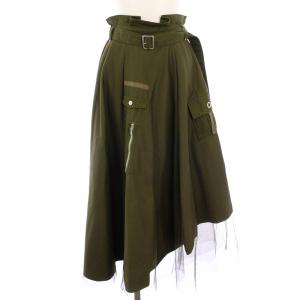 ミリタリーアシンメトリースカート フレア ミモレ ロング チュール ベルト F カーキ 0181921060