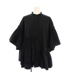 イレギュラーフリルブラウス シャツ フレア ギャザー 切替 バンドカラー ストレッチ 38 黒 ブラック