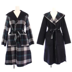 チェックダブルフェイスロングコート リバーシブル 36 ネイビー