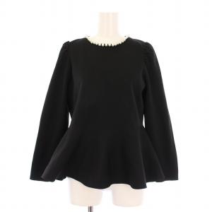 パールペプラムプルオーバー ニット クルーネック 長袖 ストレッチ 装飾 38 黒 ブラック 10222816730