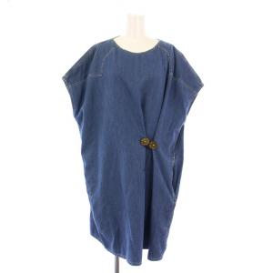 デニムワンピース ひざ丈 フレンチスリーブ 半袖 クルーネック ボタン 42 紺 ネイビー /BB