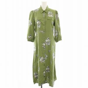 20SS フラワー刺繍シャツワンピース ロング 七分袖 花柄 刺繍 38 緑 グリーン 0120231013