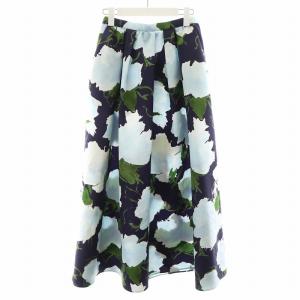 24SS グログランボタニカルスカート フレアスカート ロング丈 花柄 36 紺 ネイビー 水色 ライトブルー