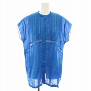 24SS 60ローンフレンチレースブラウス シャツ バンドカラー 半袖 F 青 ブルー 24051200209020