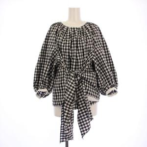 ギンガムチェックフロントギャザーブラウス シャツ 長袖 クルーネック 麻 リネン 36 黒 ブラック 白
