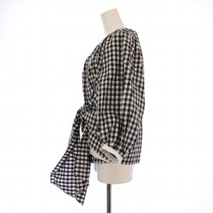 Drawer ギンガムチェックフロントギャザーブラウス シャツ 長袖 クルーネック 麻 リネン 36 黒 ブラック 白
