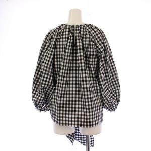 Drawer ギンガムチェックフロントギャザーブラウス シャツ 長袖 クルーネック 麻 リネン 36 黒 ブラック 白