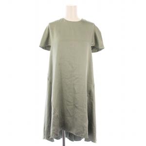 フレアワンピース ひざ丈 半袖 クルーネック 無地 シルク 34 緑 グリーン /BB